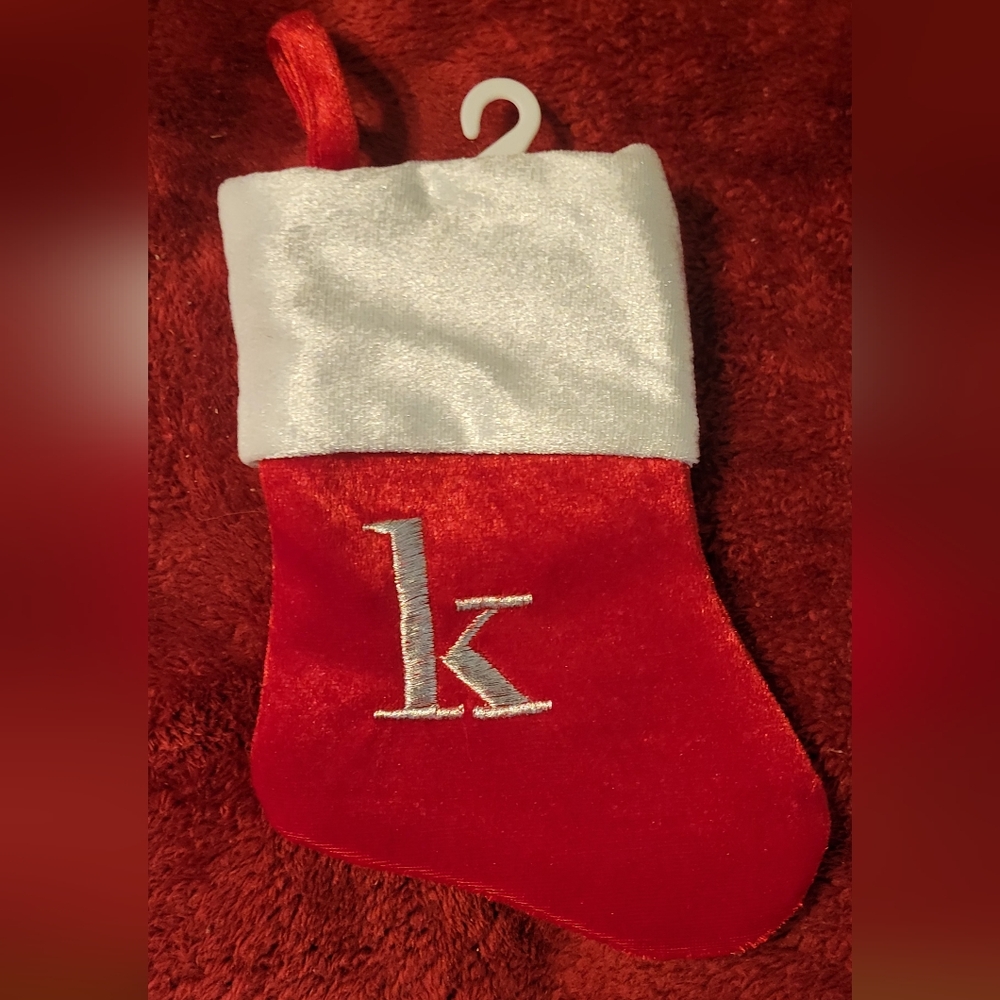 Merry Brite Mini Christmas, Holiday Monogram "k" Stocking. Red& White in color.